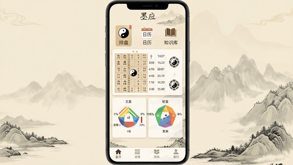 主体:一款名为“墨应”的国学手机应用打开后的主界面,屏幕中央显示清晰的八字排盘结果和五行能量图。布局:应用界面采用上下结构,顶部为简洁的应用名称“墨应”,下方是主要功能图标如“排盘”、“日历”、“知识库”,界面中央是示例用户的八字干支信息,底部为功能导航栏。排版:界面信息层级分明,关键数据采用卡片式模块展示,背景为淡雅的米黄色,搭配水墨山水画的点缀。风格:扁平化设计结合中国传统水墨元素,整体色调温暖古朴,文字清晰易读。细节:八字数据旁配有小太极八卦图标,五行能量图以彩色柱状图呈现,界面干净无多余元素。画质:高清,细腻,无多余元素。
