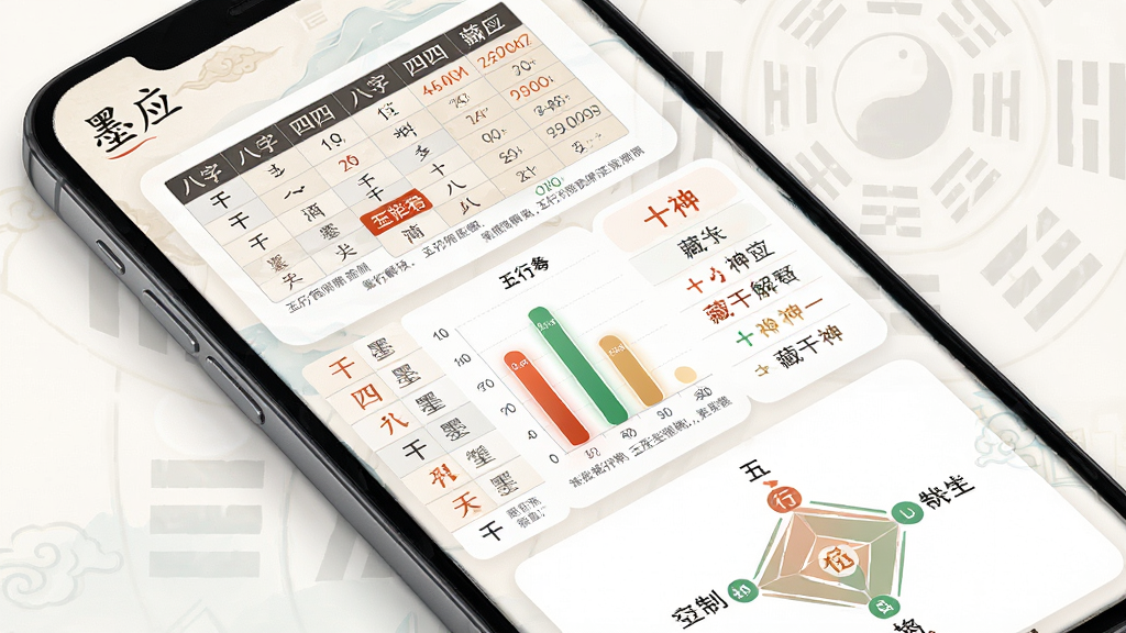 主体:手机屏幕展示“墨应”的智能排盘功能页面,顶部有八字四柱的表格,下方是五行能量分布条形图。布局:页面左侧为四柱干支列表,右侧为对应的十神和藏干解释,底部是五行生克制化的关系图。排版:数据以清晰的表格和圆润的卡片布局呈现,背景淡雅,配有八卦罗盘水印。风格:简洁科技感与中国风结合,字体端正,重点数据用朱砂色高亮。细节:屏幕左上角有“墨应”字样,四柱干支下方附有简要的五行解读文字,界面干净。画质:高清,细腻,无多余元素。