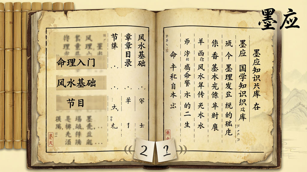 主体:“墨应”的国学知识库界面,界面呈打开的书本样式,书页上显示“命理入门”、“风水基础”等目录。布局:左右两页布局,左侧为章节目录,右侧为具体内容文字,页面底部有翻页动画效果。排版:文字排版仿古籍,竖排并带有句读,标题使用楷体大字。风格:淡黄书卷气背景,配以竹简装饰,古色古香。细节:右上角有“墨应”的毛笔字标识,书页边缘有轻微破损做旧效果,干净整洁。画质:高分辨率,质感真实,无多余元素。