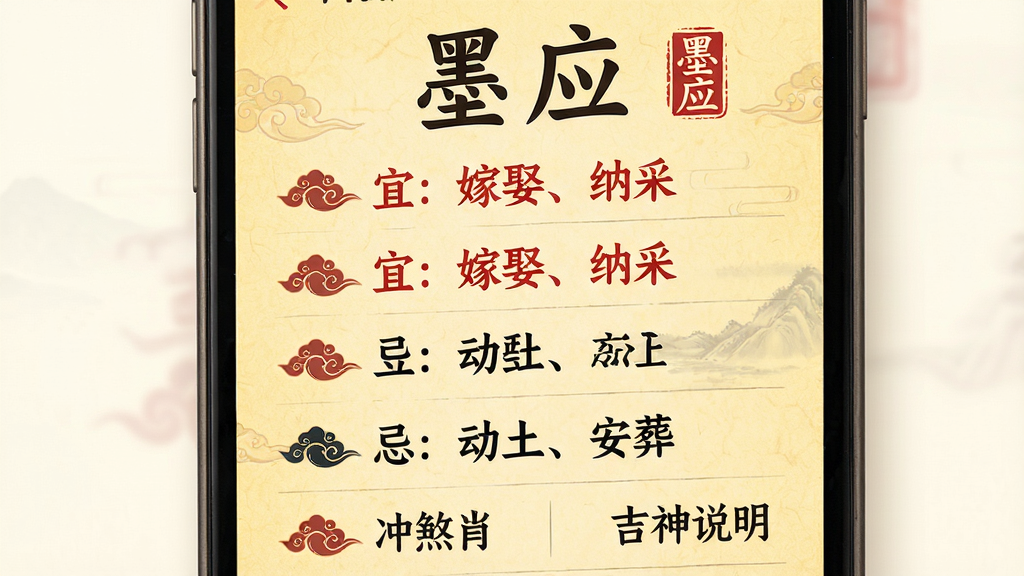 主体:手机日历界面展示“墨应”的黄历宜忌功能,日期下方标注“宜:嫁娶、纳采”等红色字样,“忌:动土、安葬”等黑色字样。布局:日期占据屏幕上部,下方为当日宜忌列表,底部是冲煞生肖和吉神方位说明。排版:列表式布局,每项宜忌前有传统祥云图标,背景为暖黄色宣纸纹理。风格:古朴雅致,文字竖排与横排结合,突显传统韵味。细节:日期旁有“墨应”的小型印章图标,整体界面温和亲切。画质:高清,复古质感,干净无多余元素。