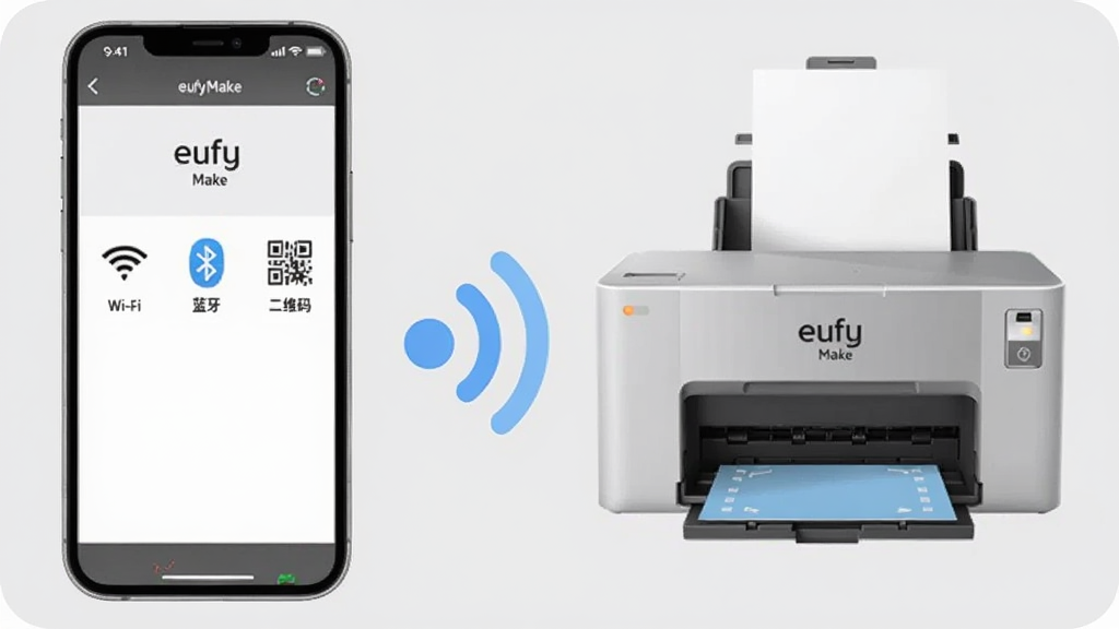 展示eufyMake连接设置页面的手机截图,手机位于画面左侧,右侧是eufyMake打印机,两者之间以无线Wi-Fi信号波纹相连,背景为浅灰色调,界面元素清晰标注“Wi-Fi”“蓝牙”“二维码”等连接方式图标,整体布局平衡,风格简洁直观,画质清新干净