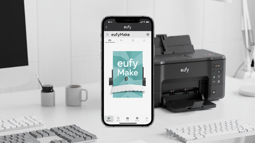 高清产品主视觉图,eufyMake软件界面悬浮于智能手机屏幕中央,背景是整洁的现代办公桌,桌面摆放一台eufyMake智能打印机,画面明亮干净,构图以手机和打印机为中心,界面显示打印预览功能,文字“eufyMake”清晰醒目,整体风格简约科技感,细节丰富,画质细腻,干净无多余元素
