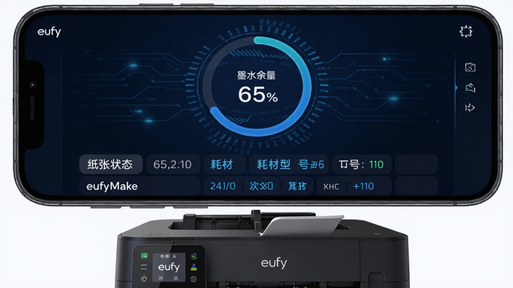 手机端eufyMake耗材管理界面,中央显示圆形进度环,标示“墨水余量 65%”,下方列出纸张状态、耗材型号等条目,背景为深蓝色科技感界面,手机下方摆放eufyMake打印机实物,画面聚焦清晰,细节丰富,风格专业科技,画质干净