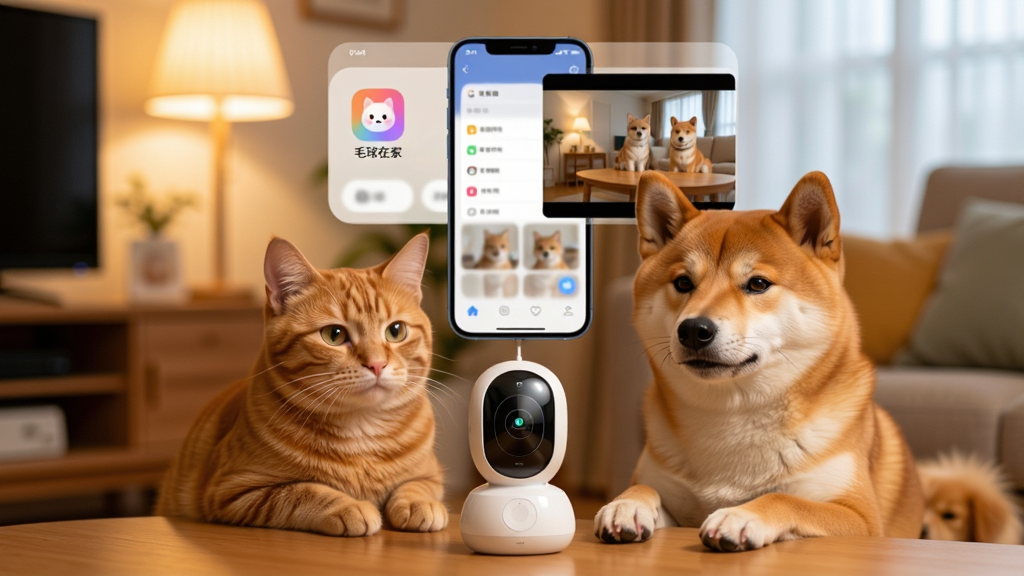 画面主体为一只可爱的橘猫和一只柴犬围坐在客厅的智能摄像头旁,背景是温馨的家庭环境,暖色调灯光,布局上宠物位于画面中央偏下,上方悬浮着手机界面虚影,界面中显示“毛球在家”应用图标和实时视频窗口。排版采用平视视角,照片级真实风格,细腻呈现宠物毛发和屏幕光影细节,画质高清干净,无多余元素。