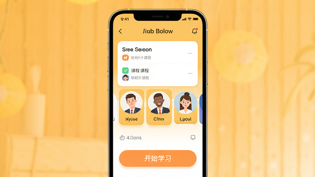 图片居中展示口袋领航外教软件在智能手机上的主界面预览图,界面包含课程列表、外教头像卡片和“开始学习”醒目按钮,背景为明亮的暖色调,画面干净,无多余元素,整体风格现代简约,UI设计注重扁平化与亲和力,画质高清。