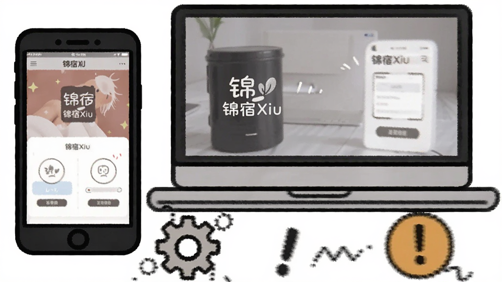 一张漫画风格的插图,画面上方是手机和电脑两台设备,屏幕上显示锦宿Xiu的界面,下方有齿轮和感叹号图标,象征着设置与问题解决,整体风格轻松易懂,包含“锦宿Xiu”字样,画质干净,无多余元素
