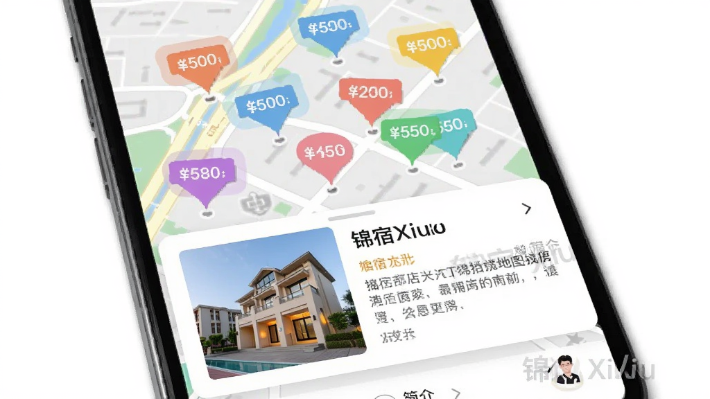 一张手机应用界面图,画面显示锦宿Xiu的地图找房功能,地图上有多个彩色的价格标签图钉,底部弹出某个酒店的详细信息卡片,包含外观图和简介,界面交互感强,突出“锦宿Xiu”水印,画质干净,无多余元素
