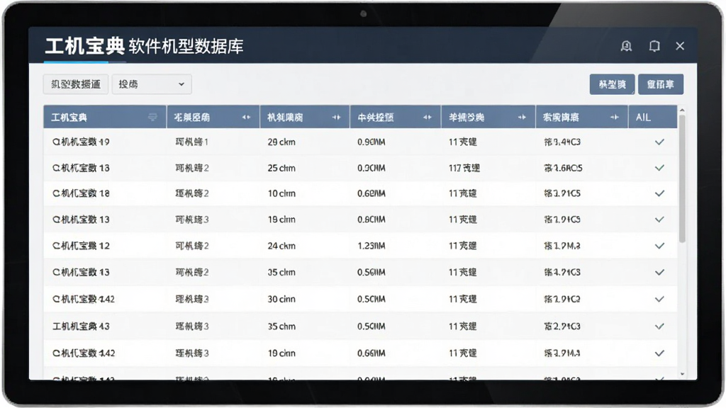 工机宝典软件机型数据库页面截图,展示多款挖掘机参数列表,数据排列整齐,界面清晰,现代感设计,画质干净