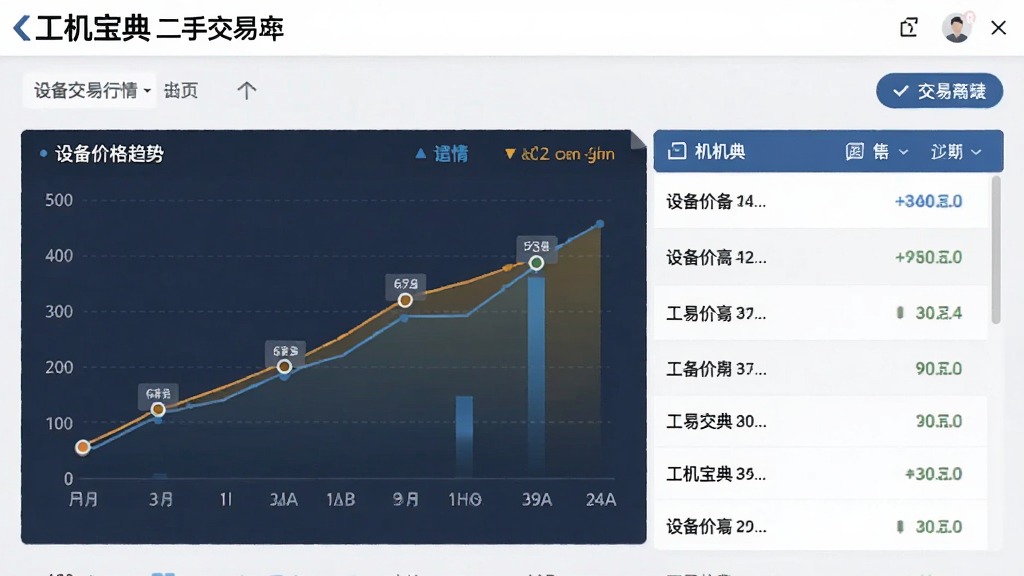 工机宝典二手交易行情界面,显示设备价格趋势图与列表,图表配色专业,界面直观,商务风格,细节丰富,画质干净