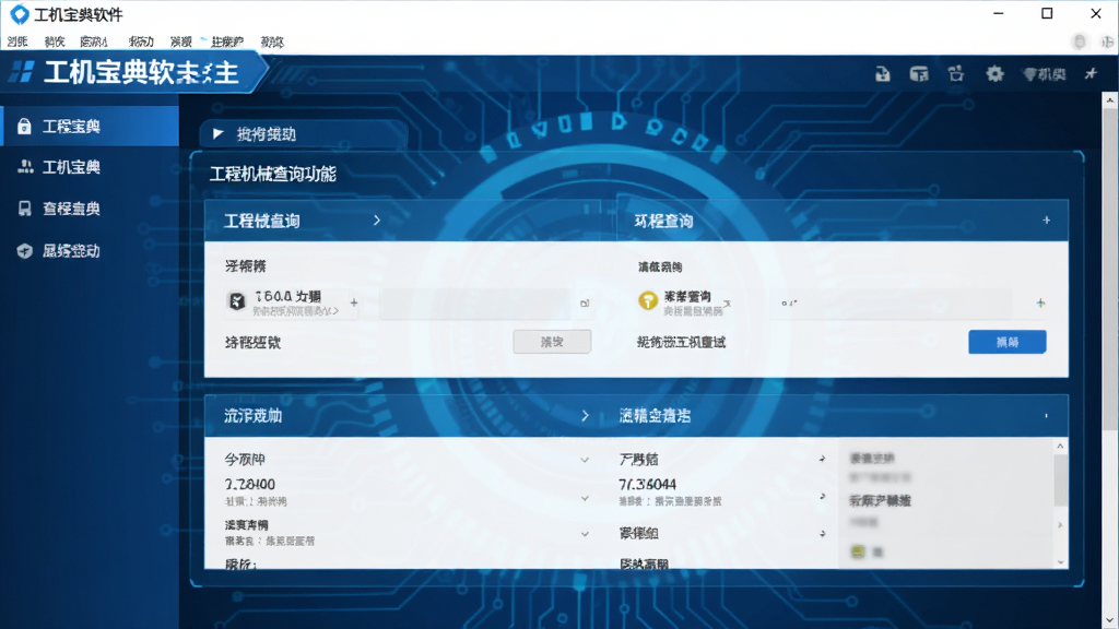 工机宝典软件主界面预览图,展示工程机械查询功能,布局清晰,蓝色科技风格,高质量渲染,干净无多余元素