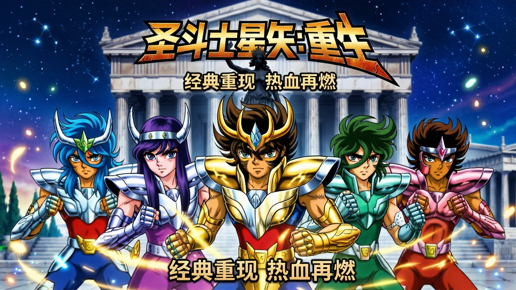 主体:圣斗士星矢经典角色星矢、紫龙、冰河、瞬、一辉五人组,身穿青铜圣衣,摆出战斗姿势,背景是宏伟的希腊圣域神殿与星空。布局:角色居中,前景有战斗光芒特效,后方是雅典娜雕像剪影。排版:画面中央上方带有游戏标题“圣斗士星矢:重生”艺术字,下方有“经典重现 热血再燃”字样。风格:日系动漫风格,高饱和度色彩,细腻的赛璐璐上色,动态战斗氛围。细节:圣衣金属反光,角色面部表情坚毅,光效粒子环绕。画质:8K超清,干净,无多余元素。