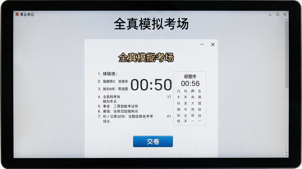展示事业单位工勤技能考试模拟考试界面,屏幕上显示倒计时和答题卡,试卷顶部有