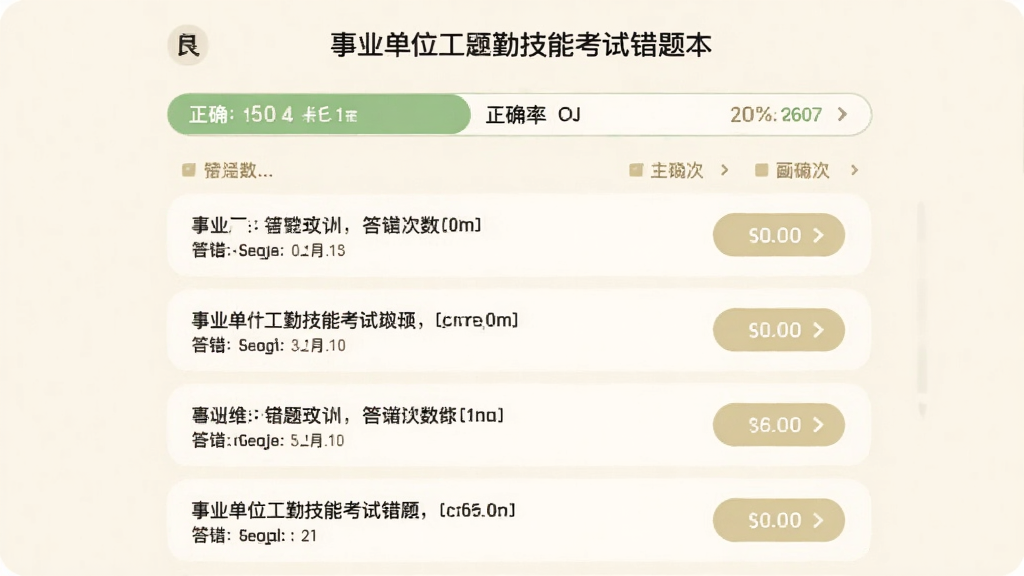 展示事业单位工勤技能考试错题本界面,列表展示错题题目和答错次数,每个条目有重新练习按钮,背景为米白色,布局纵向排列,排版清晰,风格柔和,细节包括正确率统计条,画质干净无多余元素