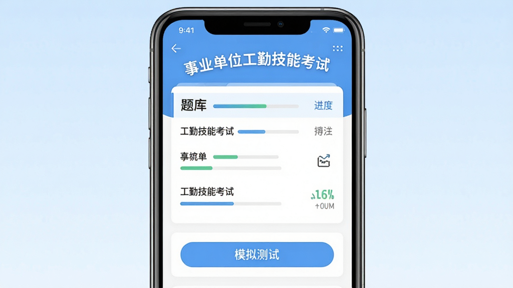 主体为手机屏幕展示事业单位工勤技能考试应用界面,主界面显示题库列表和模拟测试按钮,上方有