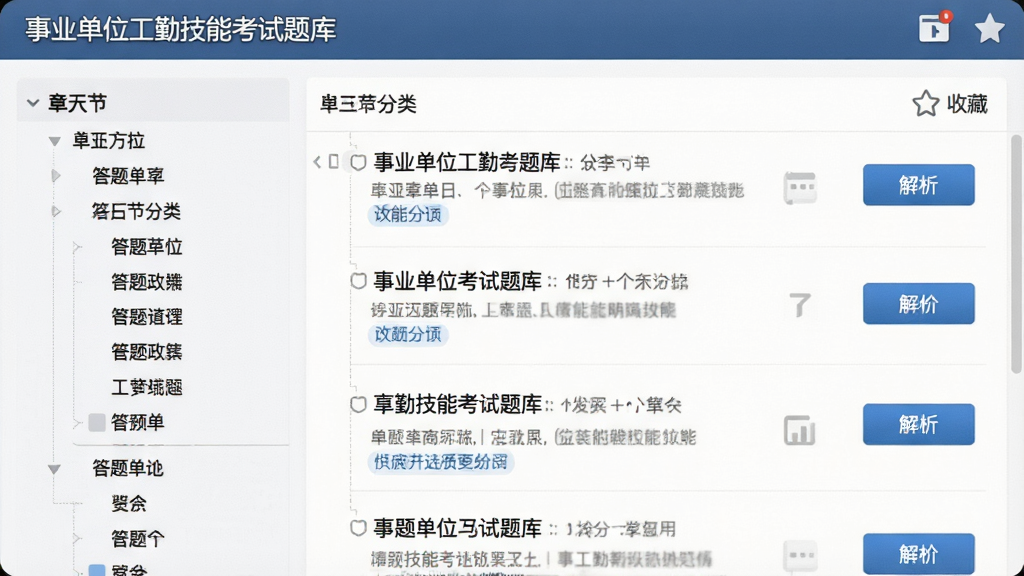 展示事业单位工勤技能考试题库界面截图,左侧为章节分类树,右侧为试题列表,每题有解析按钮,背景为白色,布局左右分栏,排版整齐,风格清爽商务,细节包括答题卡和收藏图标,画质清晰干净,无多余元素