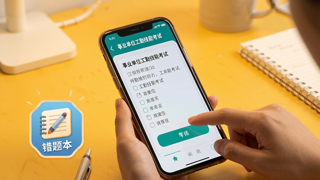 展示手机端使用事业单位工勤技能考试的场景,用户手指点击屏幕上的选项按钮,旁边有错题本图标,背景为暖黄色书桌,布局为特写镜头,排版自然,风格生活化,细节包括屏幕显示的题目文字,画质清晰干净