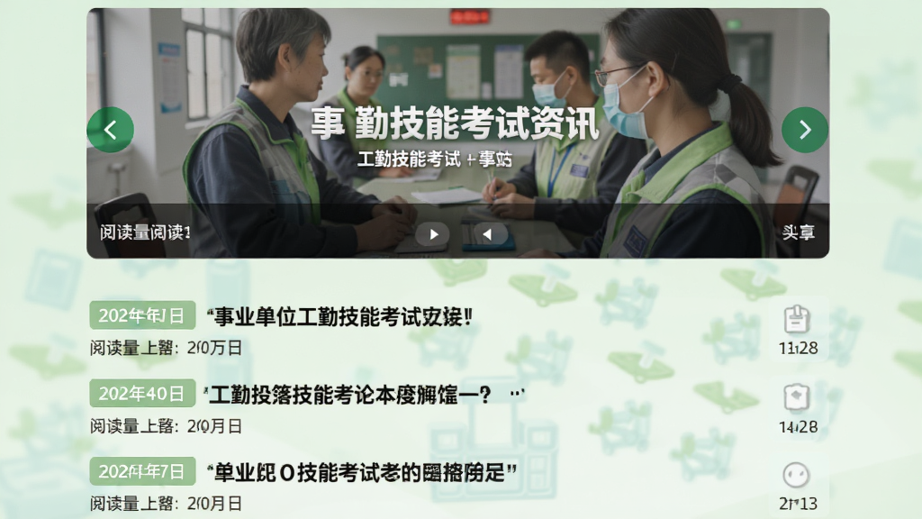展示事业单位工勤技能考试资讯页面,上方为轮播图,下方为文章列表,每篇标题前有日期标签,背景为浅绿色,布局上下结构,排版简洁,风格清新,细节包括阅读量数字,画质清晰无多余元素