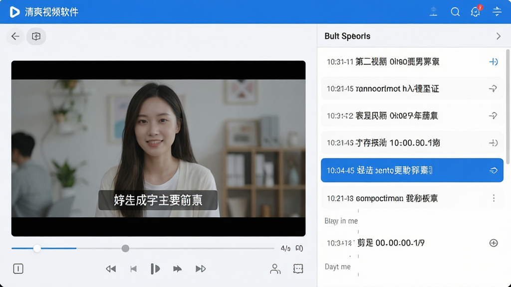 主体:清爽视频软件的智能剪辑功能界面,展示自动生成字幕的效果。布局:左侧为视频预览,右侧为字幕编辑列表。排版:字幕条目清晰,带有时间码。风格:界面简洁,蓝白配色。细节:字幕文字清晰可见,高亮显示当前编辑行。画质:高清,干净,无多余元素。