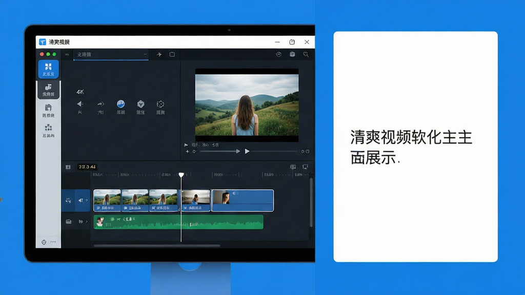 主体:清爽视频软件主界面展示,电脑屏幕中显示软件剪辑时间轴与预览窗口。布局:屏幕居中偏左,右侧留有空白文字区。排版:界面整洁,功能图标清晰排列。风格:现代扁平化设计,色彩清新以蓝白为主。细节:屏幕中展示视频素材轨道,画面清晰。画质:4K超清,干净,无多余元素。