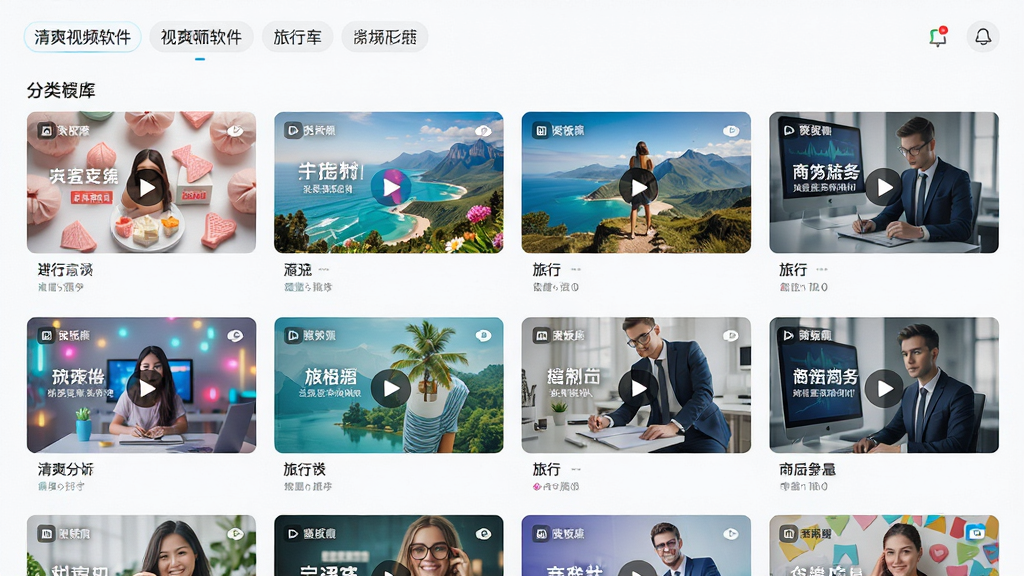 主体:清爽视频软件的模板库界面,展示多种视频模板缩略图。布局:网格状排列,每个模板显示名称与预览图。排版:整齐有序,顶部有分类标签。风格:清新明亮,色彩丰富。细节:模板封面展示不同风格,如生日、旅行、商务。画质:高清,干净,无多余元素。
