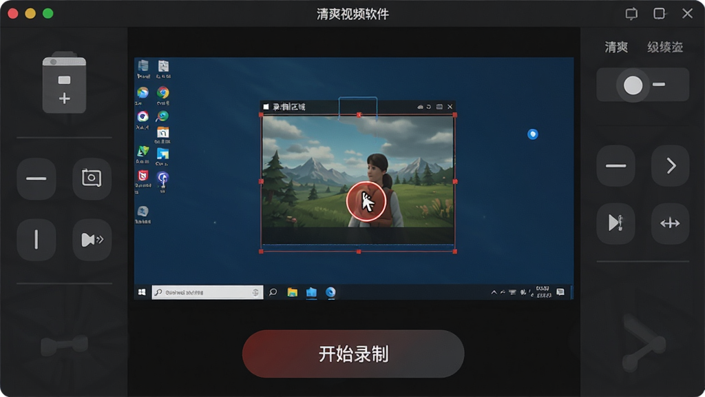主体:清爽视频软件的屏幕录制功能设置界面,展示录制区域选择框。布局:中央为预览桌面,四周为控制面板。排版:控制按钮大而清晰,标注“开始录制”。风格:简洁实用,深色背景。细节:鼠标位置有红色高亮圈,显示录制区域。画质:高清,干净,无多余元素。