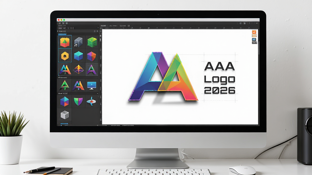 ���壺һ̨������Ļչʾ��AAA Logo�����Ľ��棬������һ��������ƵĲ�ɫ�ձꡣ���֣�������ز���壬�Ҳ��ǻ���������������һ������ĸA�ͼ���ͼ����ϵ�logo���Ű����񣺽���ɾ���Լ���ִ���ƽ����Ʒ��ϸ�ڣ������ϵ�logoɫ�����ޣ�����Ӱ�ͽ���Ч�����Ա������֡�AAA Logo 2026�������ʣ������壬8k���ɾ��޶���Ԫ�ء�