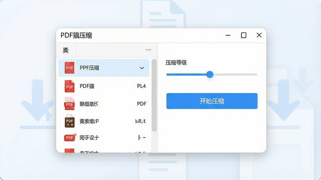 一张现代简洁的软件界面预览图,画面中央为“PDF猫压缩”主窗口,左侧文件列表显示多个PDF文档,右侧为压缩等级滑块与“开始压缩”蓝色按钮,背景隐约可见文件拖拽箭头图标,整体布局清爽、扁平化设计,色彩以白色与浅蓝为主,画质干净无多余元素。