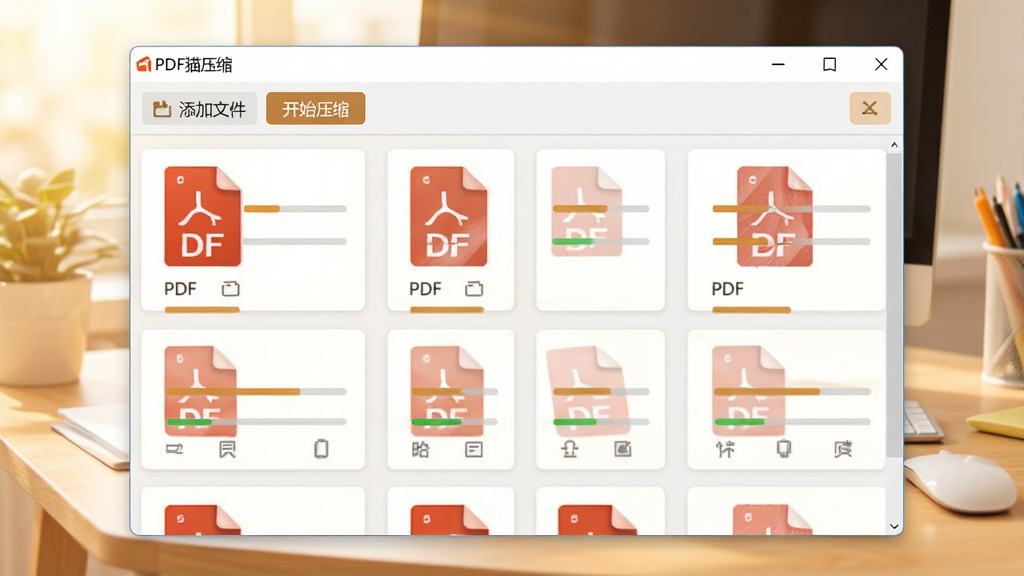 一幅批量压缩操作界面的截图,画面中“PDF猫压缩”软件窗口内排列着多个带有进度条的PDF文件卡片,顶部工具栏有“添加文件”和“开始压缩”按钮,背景为明亮的办公桌面,整体色彩温暖明亮,细节清晰,干净无多余元素。