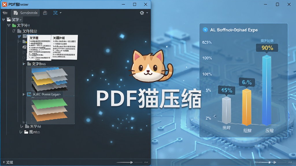 展示“PDF猫压缩”软件中的智能分析后台示意图,左侧为原始文件结构树,包含文字层、图片层、矢量层,右侧显示压缩比例图表,背景为淡蓝色科技感光效,主视觉中央有“PDF猫压缩”字样与小猫图标,细节丰富,画质清晰无多余元素。