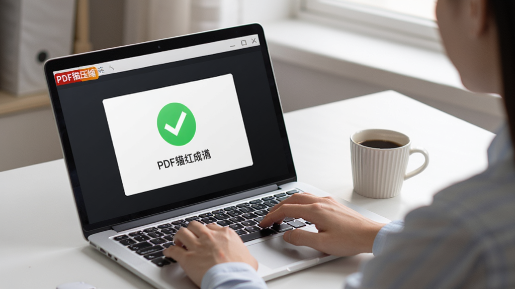 一位用户正在笔记本电脑上操作“PDF猫压缩”软件,屏幕上显示压缩完成的绿色对勾,旁边有一杯咖啡,背景为简洁的办公桌,整体氛围轻松高效,细节真实,画质干净无多余元素。
