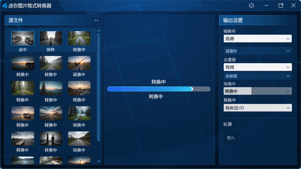 主体:迷你图片格式转换器批量转换界面,布局:左侧源文件列表,右侧输出设置面板,中间显示转换进度条,排版:清晰的功能分区,风格:科技感蓝色调,细节:列表中有多张图片缩略图,进度条显示“转换中”,画质:高清、干净、无多余元素