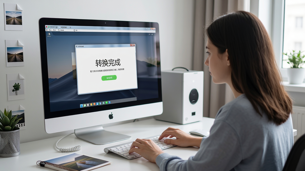 主体:用户在电脑前操作迷你图片格式转换器,布局:屏幕显示软件转换完成界面,桌面上有多个图片文件,排版:场景化展示,风格:写实摄影风格,细节:屏幕中显示“转换完成”字样,画质:高清、干净、无多余元素