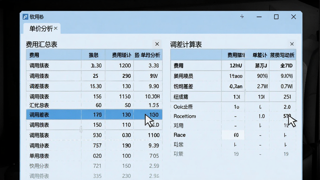 软件报表页面展示费用汇总表与调差计算表,数据行列清晰,鼠标高亮某一调差项,窗口顶部标签页显示