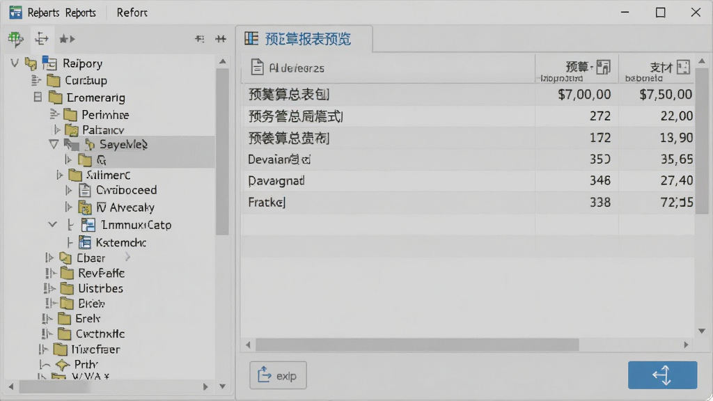 软件报表预览界面,左侧是报表目录树,右侧展示预算总表,表格底部有导出按钮图标,纸张白色,背景浅灰,界面清爽,细节丰富