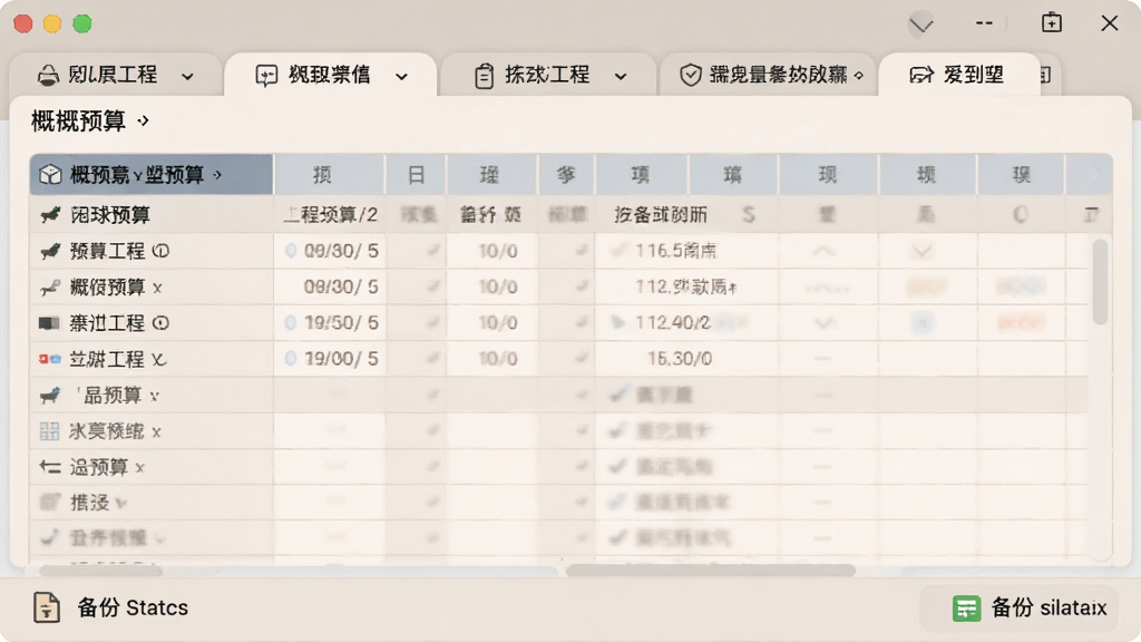 软件多标签页界面,每个标签显示一个工程名称,当前工程显示概预算表格,底部有备份状态图标,界面色调柔和,细节清晰