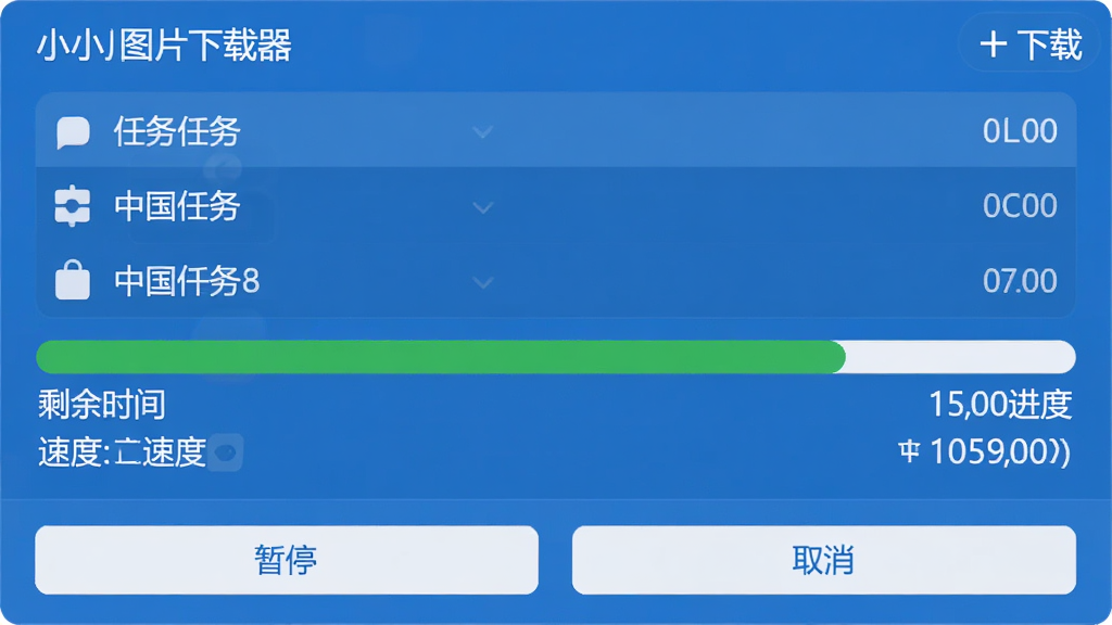 小小图片下载器下载进度界面,显示任务列表,进度条绿色,剩余时间与速度,底部有“暂停”“取消”按钮,界面清晰现代,蓝色主调,画质干净,无多余元素。