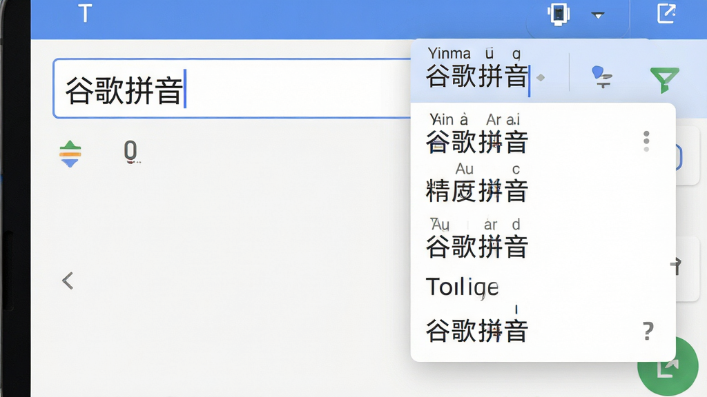 主体:谷歌拼音输入法标准版的简洁输入界面特写;布局:左侧为输入框,右侧悬浮显示候选词列表;排版:界面清爽,候选词排列有序;风格:现代扁平化设计,色彩淡雅;细节:输入框内显示“谷歌拼音”字样,候选词带有拼音标注;画质:高清渲染,干净无多余元素