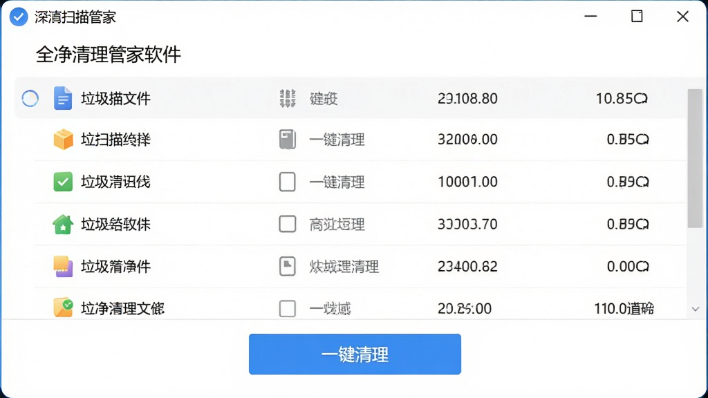 全净清理管家软件深度扫描界面,显示扫描出的各类垃圾文件列表,每个文件类型前有彩色小图标,下方有“一键清理”按钮,界面以清爽的白色为底,数据清晰,排版整齐,画质干净,无多余元素
