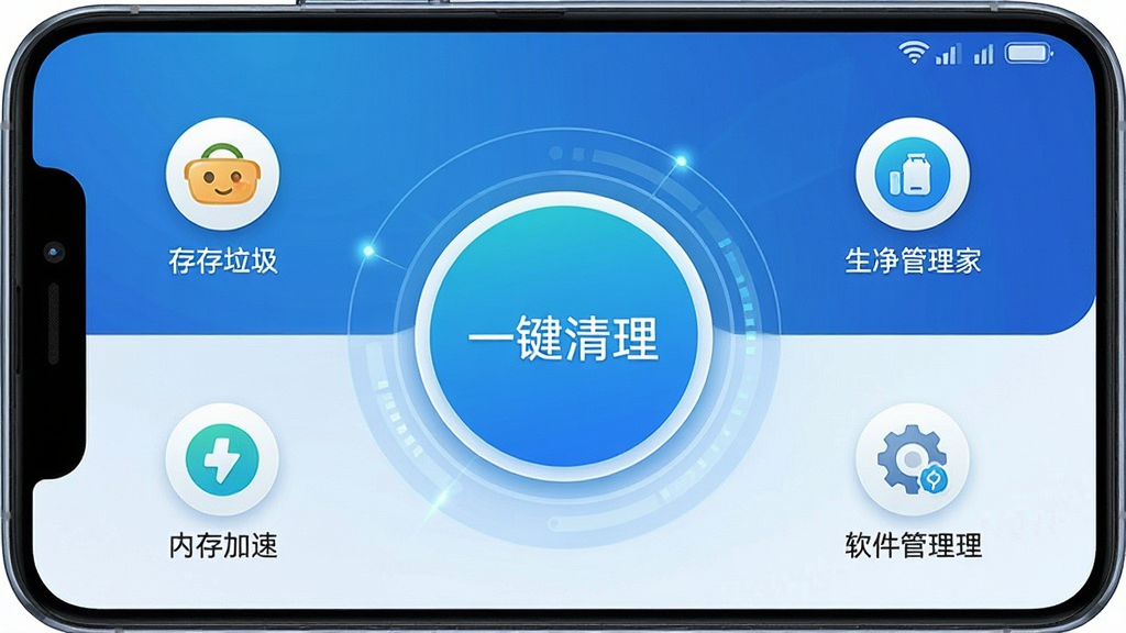 一张高清手机屏幕截图,展示全净清理管家主界面,中央有大的圆形“一键清理”按钮,周围环绕缓存垃圾、内存加速、软件管理等功能图标,背景为渐变的蓝色科技感风格,界面干净整洁,文字清晰,画质高清,无多余元素