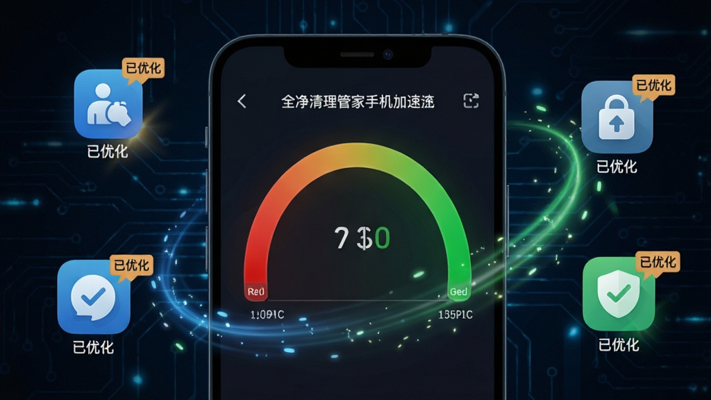 全净清理管家手机加速功能预览,展示内存占用从红色降至绿色,周围有多个应用图标被标记为“已优化”,背景为深色科技风格,动态效果突出,画质清晰,无多余元素
