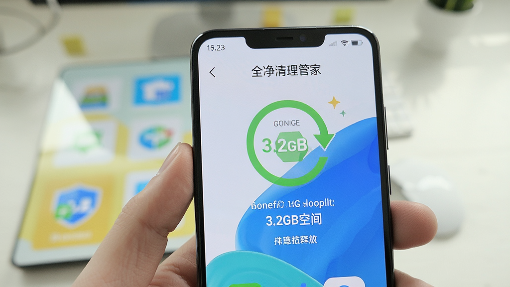 全净清理管家在手机上运行的实拍图,屏幕显示清理完成,提示释放了3.2GB空间,手机背景为明亮的桌面,画质清晰,干净无多余元素
