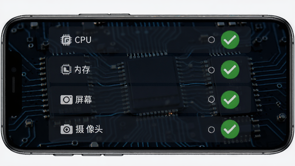 沙漏验机硬件检测功能预览图,手机屏幕展示CPU、内存、屏幕、摄像头等硬件列表,每项旁边有绿色正常的检测结果图标,背景为深色科技感电路板纹理,布局清晰,风格专业,细节丰富,画质高清,干净无多余元素