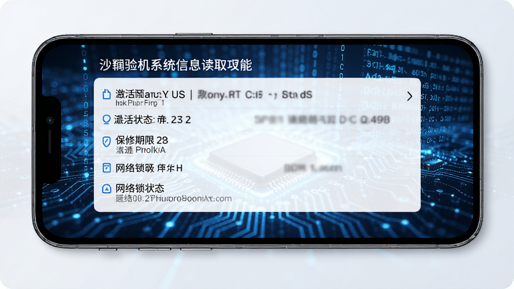 沙漏验机系统信息读取功能,手机屏幕显示详细的系统报告,包括激活状态、保修期限、网络锁状态等,背景为蓝色科技感数据流,布局清晰,风格专业,细节丰富,画质高清,干净无多余元素