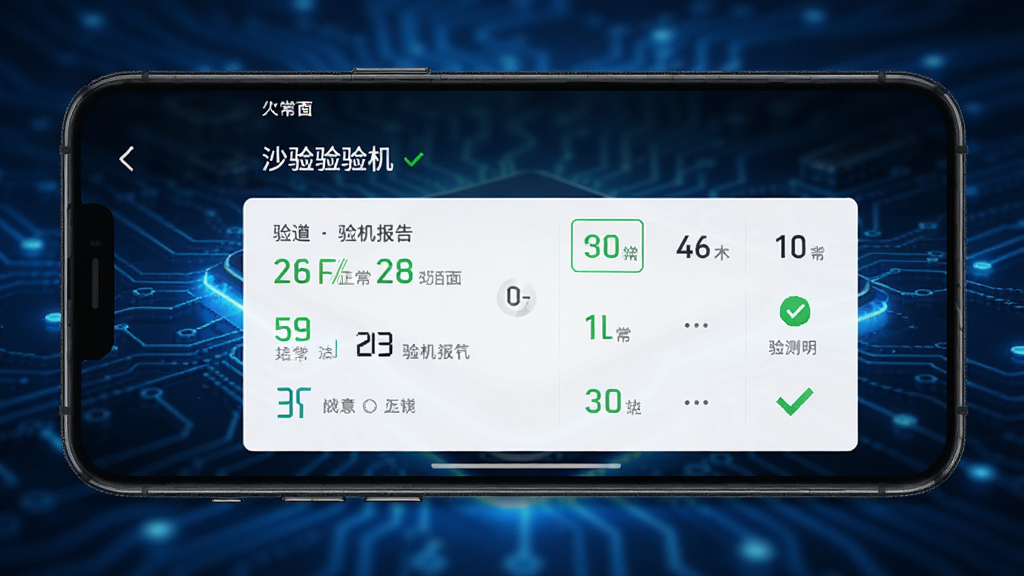 手机检测工具沙漏验机主界面展示,一台智能手机屏幕显示详细的验机报告,绿色对勾表示各项功能正常,背景为简洁的蓝色科技感光效,界面清爽干净,布局整齐,风格现代简洁,细节丰富,画质高清,干净无多余元素