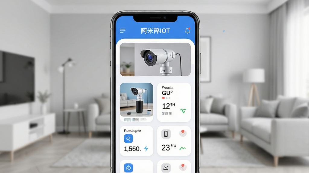 阿米粹IOT主界面展示,手机竖屏显示设备卡片列表,包含摄像头画面缩略图、传感器数据卡片,背景为浅灰色客厅环境,界面简洁扁平化设计,图标圆润,色彩以蓝白为主,文字标签“阿米粹IOT”居中,整体高清渲染,干净无多余元素