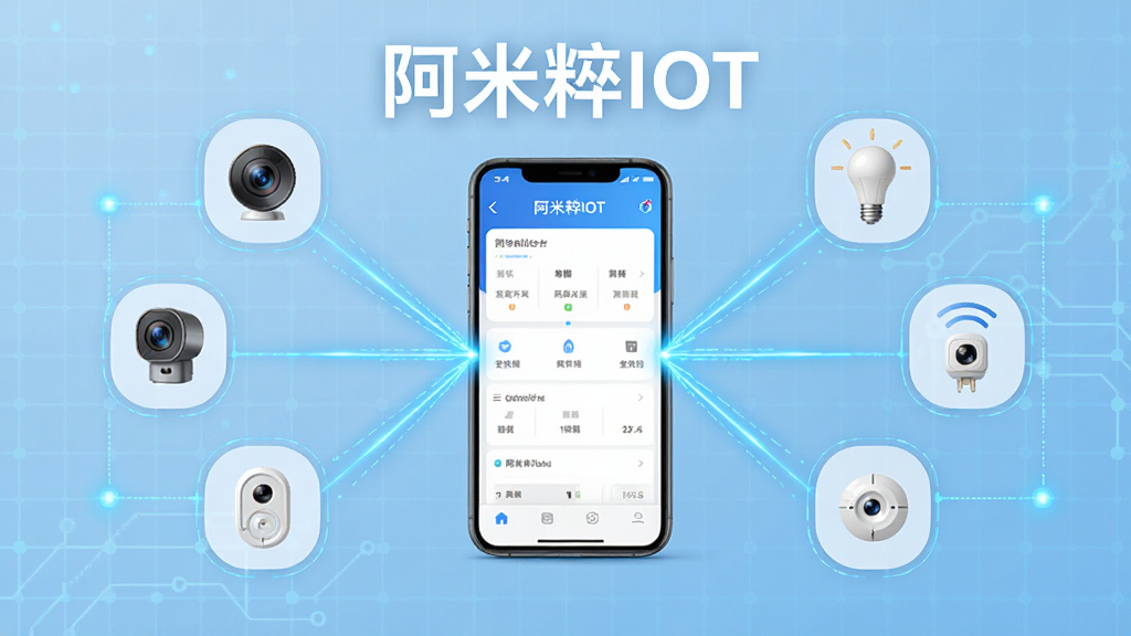 阿米粹IOT连接示意图,画面中央为智能手机显示软件界面,周围环绕摄像头、智能灯泡、传感器等设备图标,通过蓝色光线汇聚到手机,背景为淡蓝色科技网格,风格简洁明亮,突出“阿米粹IOT”字样,高分辨率渲染,干净无杂物