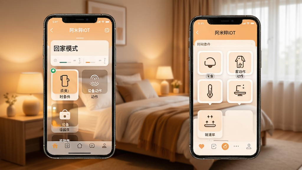 阿米粹IOT自动化场景设置界面,手机屏幕上显示“回家模式”编辑页面,包含时间条件、设备动作图标,背景为温馨的卧室环境,界面以浅橙色为主色调,卡片式布局,清晰展示“阿米粹IOT”软件名称,画面干净整洁,画质清晰