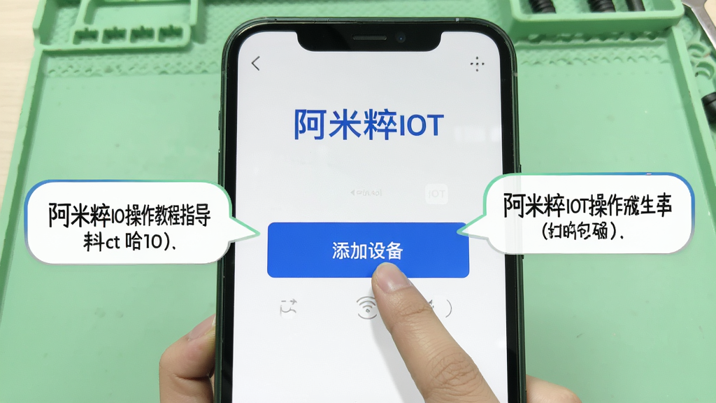 阿米粹IOT操作教程指导图,手机截图风格展示点击“添加设备”按钮步骤,旁边配有文字气泡说明,背景为浅绿色工作台面,整体明亮清晰,突出“阿米粹IOT”字样,干净无多余元素