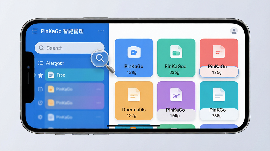 主体:PinKaGo智能文件管理界面,屏幕显示按类型分类的彩色卡片。布局:手机横屏展示,左侧为分类栏,右侧为文件缩略图网格。排版:卡片式布局,图标下方有文件名称与大小。风格:清新商务风,蓝白主色调。细节:放大镜图标悬停于搜索框上,高亮显示匹配文件。画质:高清渲染,界面无多余元素,文字内容为“PinKaGo 智能管理”