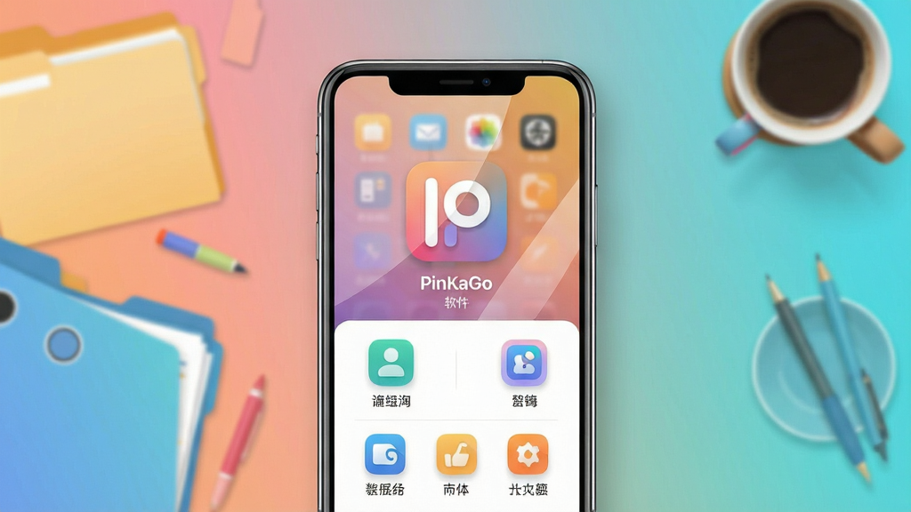 主体:PinKaGo软件主界面展示,一部智能手机屏幕内清晰显示应用图标与整洁的功能列表。布局:手机居中,背景为渐变色办公桌面,侧边有散落的文件夹与咖啡杯。排版:界面元素排列有序,图标下方标注中文名称。风格:现代扁平化设计,色彩明快。细节:手机屏幕反射柔和光线,图标带有细腻阴影。画质:4K超清,干净整洁,无多余元素
